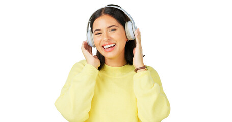 Face, excited and woman with music headphones isolated on a transparent png background. Portrait, happy and person listening to radio, podcast and streaming jazz audio, sound and hearing for freedom