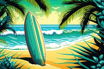 Surfboard on tropical beach, colorful, summer, illustration design, AI generated