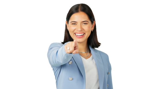 Portrait, selection and a business woman excited for an opportunity isolated on transparent background to vote for you. Smile, pointing and choice with a happy young female person on PNG for decision