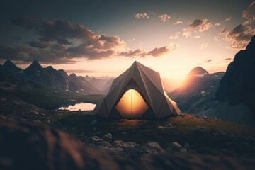 Tent camping on top of a mountain at sunset, AI generated