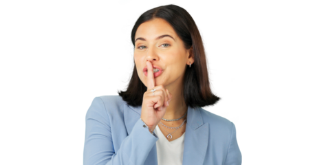 Portrait, secret and happy woman with privacy and finger on lips for gossip. Smile, girl and silence for business announcement, whisper emoji and mystery deal isolated on a transparent png background