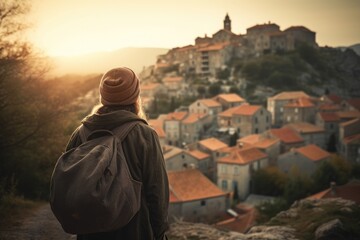Back view of a female traveler observing the landscape of a beautiful town, AI generated