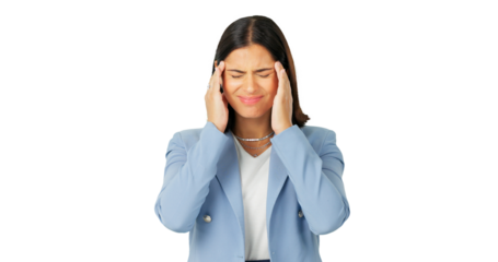 Face of business woman, headache and pain of stress, mistaje and brain fog isolated on transparent png background. Frustrated female worker, migraine and anxiety of burnout, mental health and fatigue