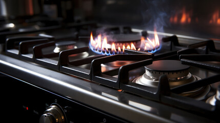 gas stove in modern kitchen with the flame