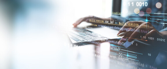 Software development concept, digital technology. Coding programmer, software engineer working on laptop and digital tablet with javascript computer code on virtual screen, mobile app develop