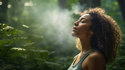 relaxed woman breathing fresh air in a green forest - obrazy, fototapety, plakaty
