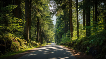 The paved road in the forest presents a beautiful natural