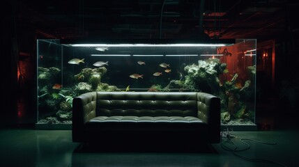 the interior of a large dark room with a sofa in the middle illuminated by the neon light of a large aquarium.