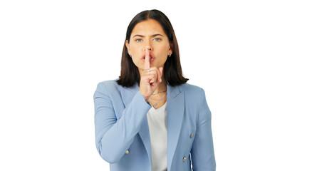 Secret, angry portrait and business woman with finger on lips isolated on transparent png background in privacy, loud noise or moody reaction. Face of serious worker, silence and quiet emoji of voice