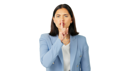 Secret, angry portrait and business woman with finger on lips isolated on transparent png background in privacy, loud noise or moody reaction. Face of serious worker, silence and quiet emoji of voice