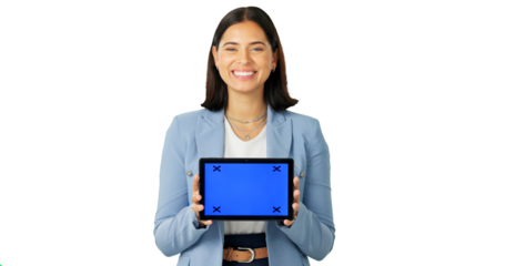 Business woman, portrait and tablet mockup for advertising isolated on a transparent PNG background. Happy female person or employee show technology display screen with tracking markers for marketing