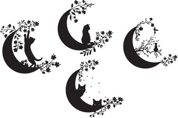 Obraz na płótnie Canvas A black cat on a moon with butterflies and flowers