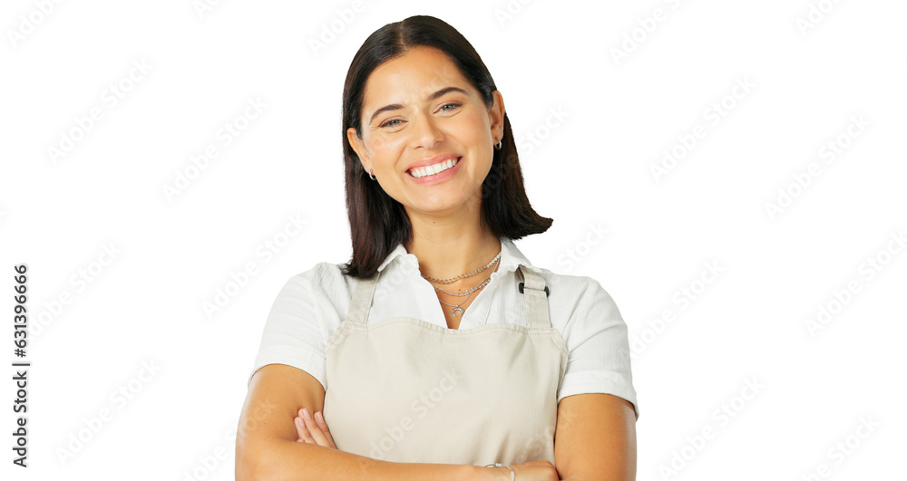 Wall mural Portrait, apron and woman with arms crossed, smile and employee isolated on a transparent background. Face, female person and waitress with startup, business and server with png and confident worker