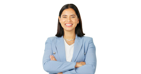 Portrait, smile and arms crossed with a business woman isolated on a transparent background for a...