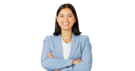 Portrait, smile and arms crossed with a business woman isolated on a transparent background for a career opportunity. Corporate, trust and confidence with a happy young female professional on PNG