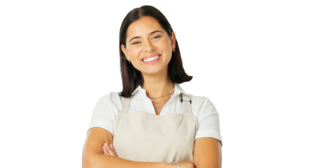 Portrait, apron and woman with arms crossed, smile and employee isolated on a transparent background. Face, female person and waitress with startup, business and server with png and confident worker
