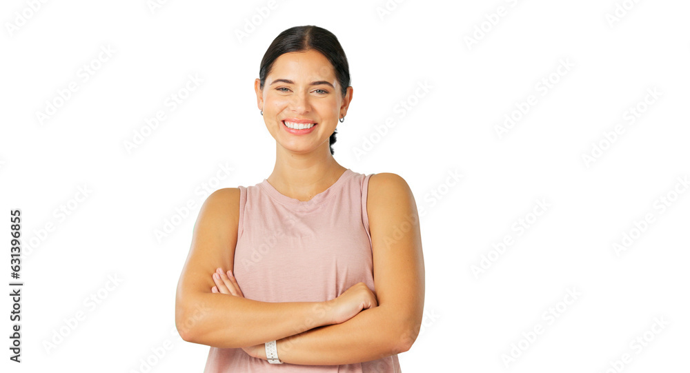 Poster Portrait, fitness and woman with arms crossed, health and confident girl isolated on a transparent background. Face, female athlete and person with confidence, workout and training for energy and png