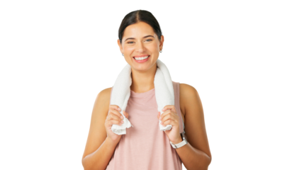 Happy woman, portrait and towel for fitness, exercise or healthy training isolated on a transparent PNG background. Female person, sports athlete or model with sweat cloth for intense cardio workout