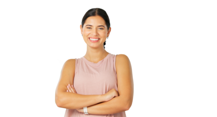 Portrait, fitness and woman with arms crossed, health and confident girl isolated on a transparent background. Face, female athlete and person with confidence, workout and training for energy and png