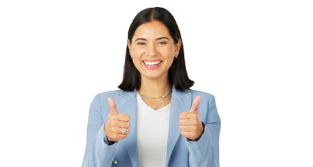Thumbs up, portrait and business woman with smile isolated on a transparent png background. Face,...
