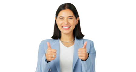 Thumbs up, portrait and business woman with smile isolated on a transparent png background. Face, happy and professional with like hand sign for success, support or agreement, thank you or excellence