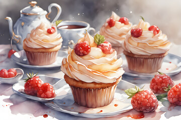 cupcakes with cream and strawberries