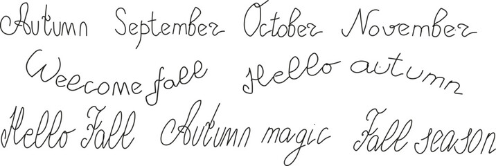 Autumn lettering set - 9 popular autumn sayings - vector isolated. Autumn fall sayings - Hello autumn, Hello Fall, autumn months, fall season, welcome fall - hand drawn lettering
