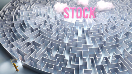 A journey to find Stock - going through a confusing maze of obstacles and difficulties to finally reach stock. A long and challenging path,3d illustration