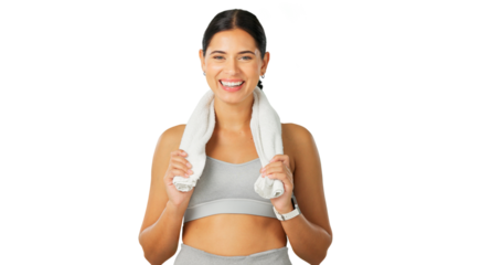 Happy woman, towel and fitness for exercise, healthy training or intense cardio isolated on a transparent PNG background. Portrait of female person, sports athlete or model with sweat cloth on break