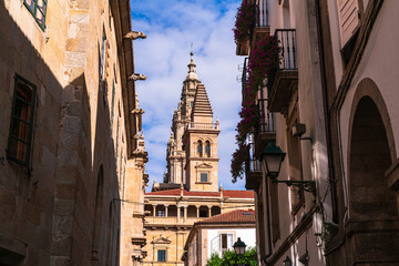 View of the Cathedral of Santiago de Compostela and its beautiful facade. Photograph taken in Santiago de Compostela, Galicia, Spain.