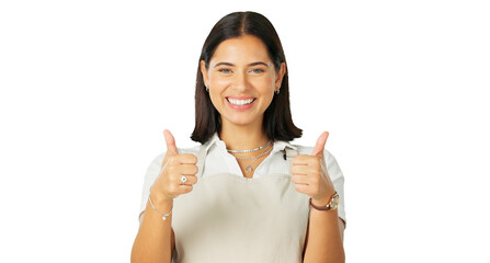 Happy woman, waitress portrait and thumbs up for good job, agreement or service. Smile, female...