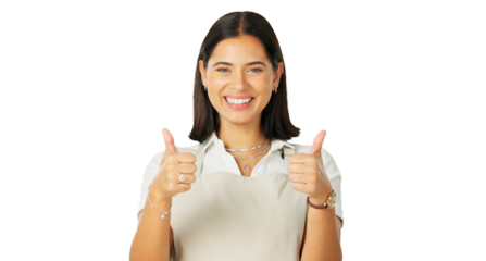Happy woman, waitress portrait and thumbs up for good job, agreement or service. Smile, female worker and emoji gesture for restaurant like or yes and isolated on a transparent png background