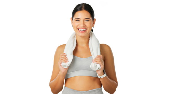 Happy woman, towel and fitness for exercise, healthy training or intense cardio isolated on a transparent PNG background. Portrait of female person, sports athlete or model with sweat cloth on break
