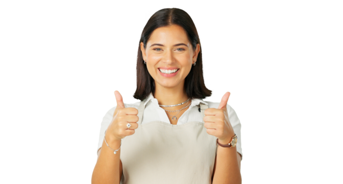 Happy woman, waitress portrait and thumbs up for good job, agreement or service. Smile, female worker and emoji gesture for restaurant like or yes and isolated on a transparent png background