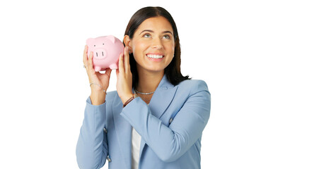 Investment, piggy bank and woman with savings, budget and profit growth isolated on a transparent background. Economy, person and happy model with money, financial and png with accounting and income - obrazy, fototapety, plakaty