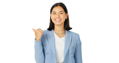Happy, pointing and business woman with promotion or deal isolated in transparent or png...