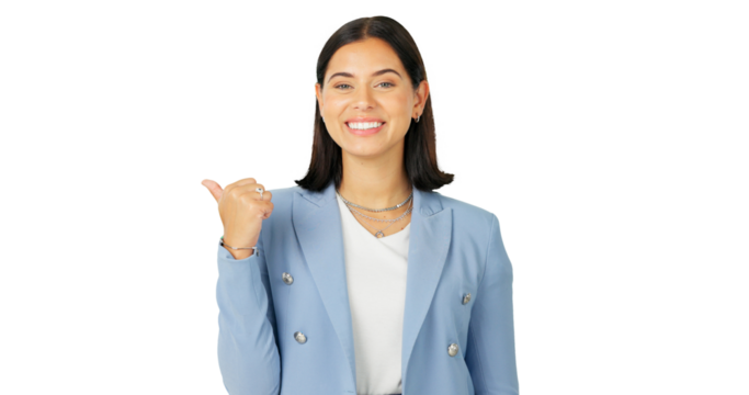 Happy, pointing and business woman with promotion or deal isolated in transparent or png background. Portrait, smile entrepreneur and consultant with direction, showing space and sale with happiness