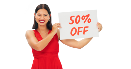 Sales billboard, portrait and happy woman with 50 percent discount, promo sign or retail store ads, fashion commercial or choice. Price info, customer message or person on transparent, png background