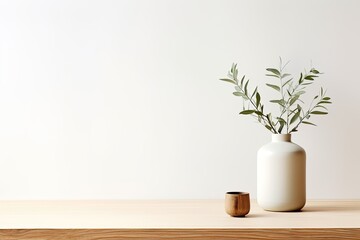 A minimalistic home decor featuring a light wooden table or desk placed against a white wall, showcasing a small vase containing a single sprig of sage. The composition provides ample space for copy