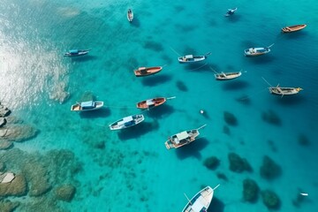 Fototapeta na wymiar Aerial view of the fishing boats in clear blue water