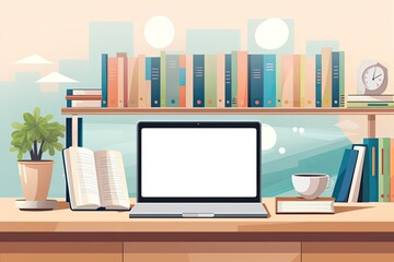 A depiction of a home office setup showcasing a laptop mockup screen and a mood board, surrounded by books and various office supplies, against a backdrop of a bright and neutral background