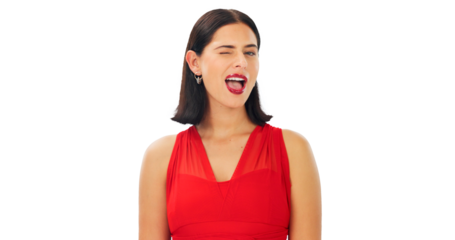 Wink, emoji and portrait of woman with beauty, makeup and happiness in fashion on transparent, isolated or png background. Flirting, girl and face of model with red lipstick, smile or fun expression