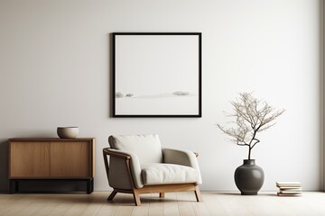 A minimalist home decor template showcasing an elegantly styled living room with a mock up poster frame, a wooden commode, a book, a leaf in a ceramic vase, and sophisticated personal accessories. The