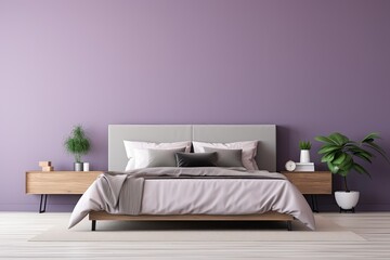 A modernly furnished bedroom featuring contemporary furniture, situated adjacent to a violet colored wall.