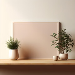 plain beige color horizontal poster art mockup on table decorated with potted plants with minimalist concept