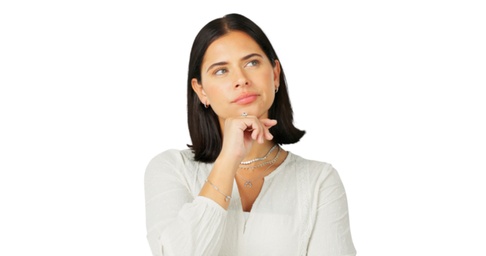 Thinking, decision and face of a woman with idea, vision or doubt isolated on a transparent, png background. Question, solution and a person with hand on chin for choice, plan or problem solving