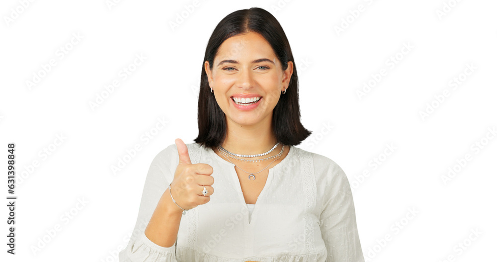 Wall mural Thumbs up, hand gesture and happy portrait of a woman for support or thank you. Young person show icon emoji for like, agreement and success feedback or review isolated on transparent, png background