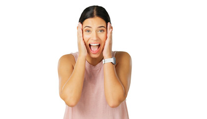 Portrait, wow and woman with shock, announcement and model isolated on a transparent background. Female person, omg and girl with expression, opportunity and emoji with png, good news and excited