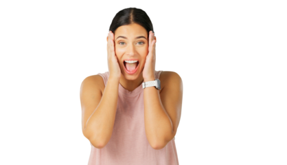 Portrait, wow and woman with shock, announcement and model isolated on a transparent background. Female person, omg and girl with expression, opportunity and emoji with png, good news and excited