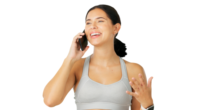 Happy woman, phone call and conversation in fitness or communication isolated on a transparent PNG background. Excited female person smile and talking on mobile smartphone for sports discussion
